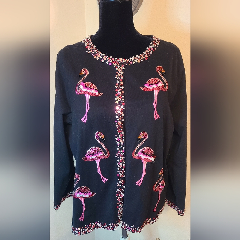 Rare Vintage Michael Simon Sweater Womens XL Flamingo Beaded Cardigan